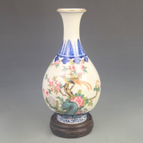 CLOISONNE COLOR FLOWER AND BIRD PATTERN YU HU CHUN STYLE PORCELAIN VASE