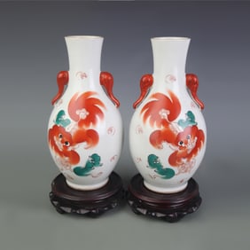 PAIR OF FAMILLE ROSE AUSPICIOUS BEAST DESIGN ELEPHANT EAR PORCELAIN VASES