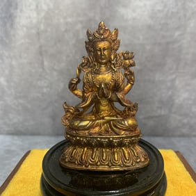 TIBET BRONZE GILT 4 ARMS CHENREZIG KWAN-YIN BUDDHA STATUES