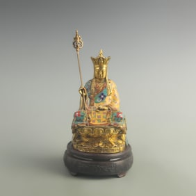 A FINE CLOISONNE ENAMEL KSITIGARBHA BRONZE STATUE