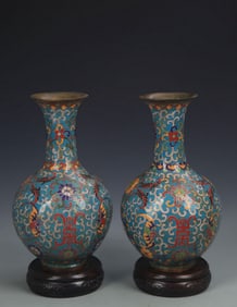 RARE PAIR CLOISONNE ENAMEL FLOWER PATTERN DECORATIVE BOTTLE