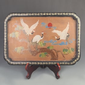 LACQUER AND GOLD-PAINTED TRAY WITH PINE, CRANE, AND SUNRISE MOTIF