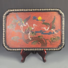 LACQUER AND GOLD-PAINTED TRAY WITH PINE AND CRANE PATTERN