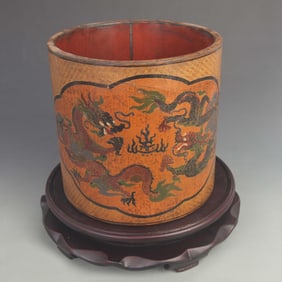 COLOR-PAINTED AND TWIN DRAGONS PLAYING PATTERN WOODEN PEN HOLDER