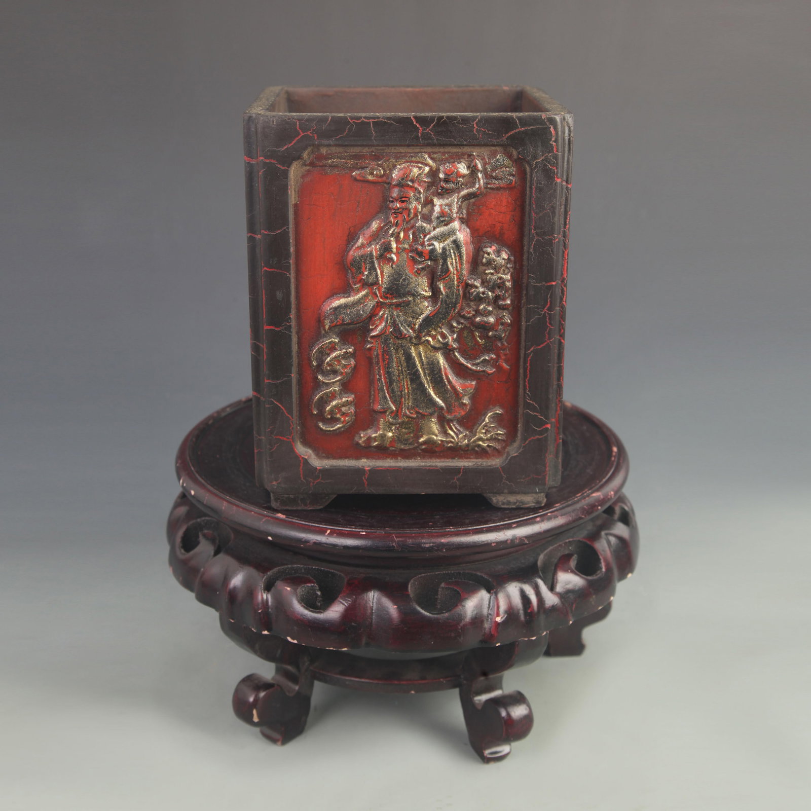 LACQUERED WOODEN CARVED FORTUNE, WEALTH, LONGEVITY, AND HAPPINESS PATTERN FOUR-SIDED BRUSH POT: Qing Dynasty; High: 6.75 inch; Width: 5.25 inch