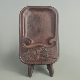SANDALWOOD CARVED INKSTONE WITH LANDSCAPE AND PAVILION PATTERNS