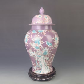 FAMILLE ROSE PURPLE GROUND FORTUNE AND LONGEVITY PATTERN PORCELAIN  GENERAL JAR