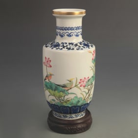 CLOISONNE GLAZED BIRD AND FLOWER PATTERN CLUB STYLE VASE