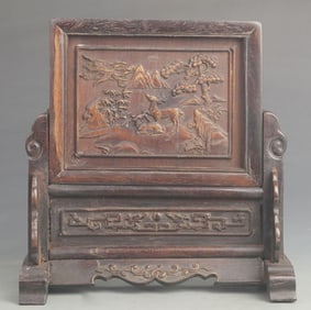 SANDALWOOD INLAID WITH PEARWOOD "CRANES AND DEER IN SPRING" SCREEN
