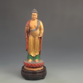 A FINE COLOR LACQUERED WOODEN STATUE OF AMITABHA BUDDHA