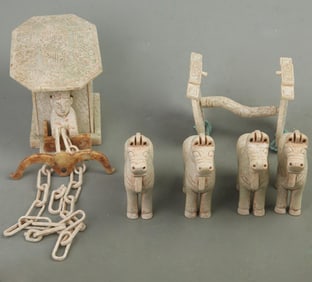 SET OF WHITE MARBLE HORSE CARRIAGE STATUES
