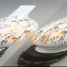 WANG CHENGZHI PORCELAIN "CRANES AND DEER DOUBLE LONGEVITY" ROUND PORCELAIN VASE