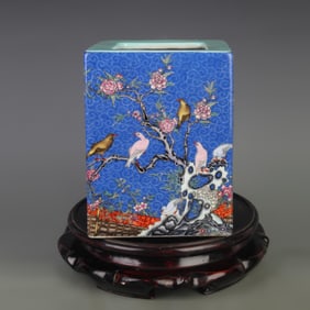 FAMILLE ROSE BLUE GROUND FLOWER AND BIRD FOUR-SIDED BRUSH PORCELAIN POT