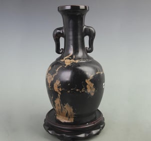 BLACK COLOR GLAZED YUE FU MARK DOUBLE-EARED PORCELAIN VASE