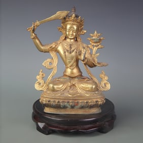 GILDED BRONZE MANJUSHRI BODHISATTVA STATUE