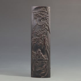 EBONY CARVED "PLAYING THE ZITHER UNDER THE PINE TREE" ARM REST