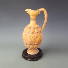 THREE COLOR PAINTED ROOSTER HEAD POTTERY EWER