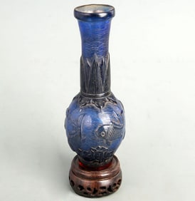 BLUE GLASS COLOR GLAZED LONG NECK VASE WITH LOTUS PATTERN