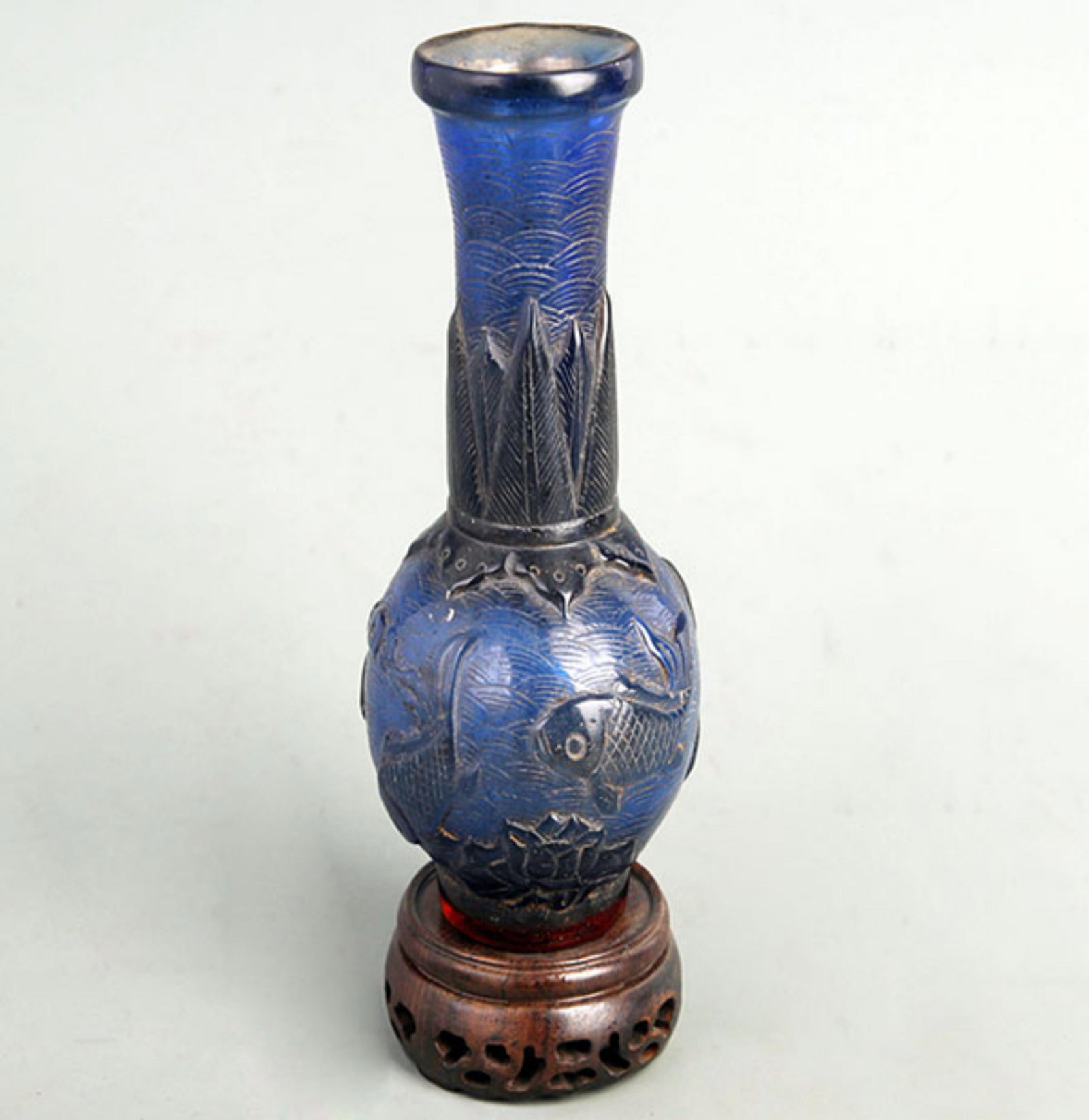 BLUE GLASS COLOR GLAZED LONG NECK VASE WITH LOTUS PATTERN (1 of 5)