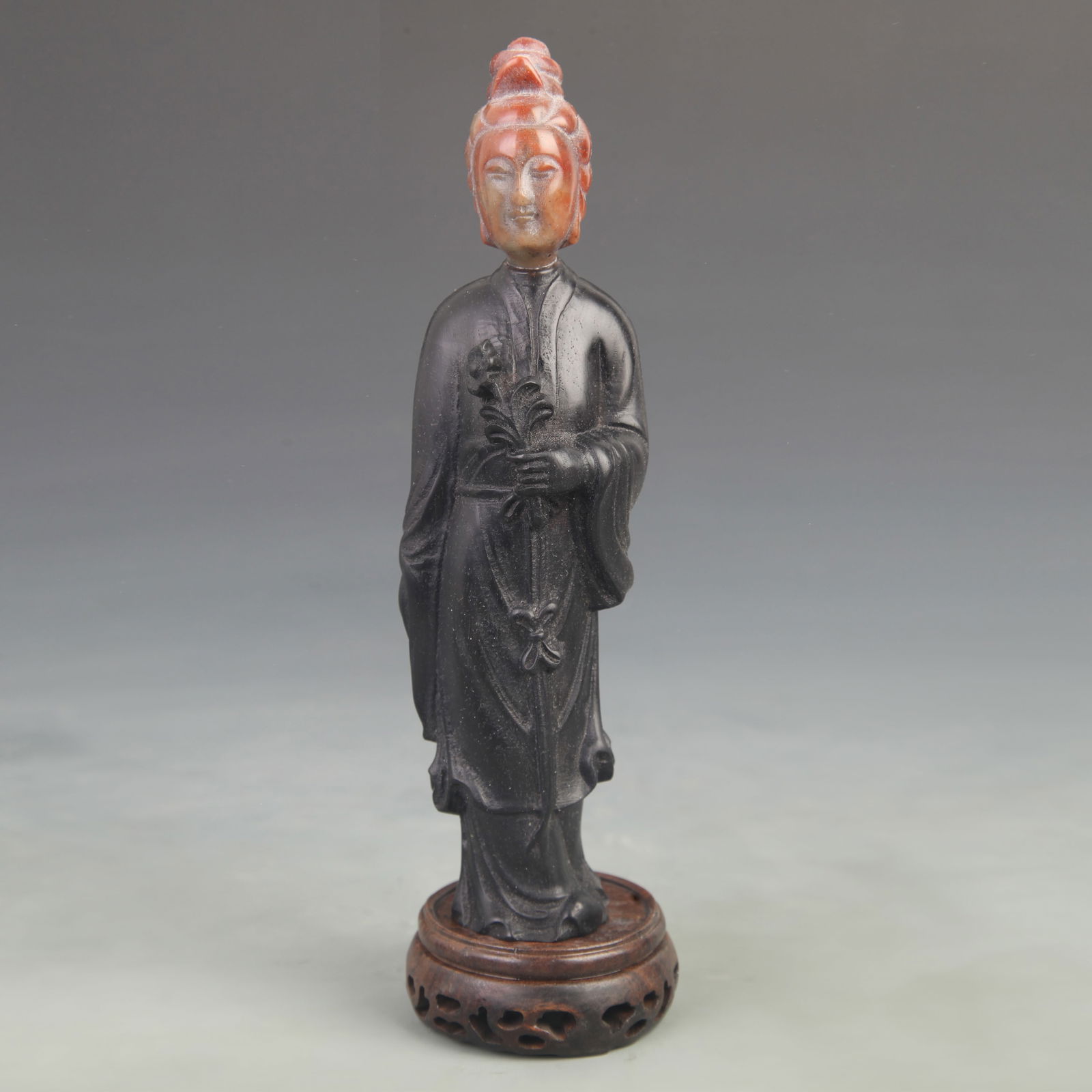 SANDALWOOD CARVED WITH SHOUSHAN STONE LADY FIGURE (1 of 5)