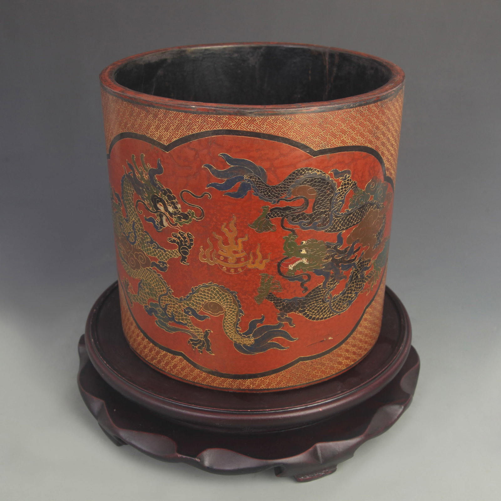 LACQUERED PAINTED OPENWORK "DOUBLE DRAGONS PLAYING " BRUSH POT: 20th Century; High: 8.00 inch; Diameter: 8.25 inch