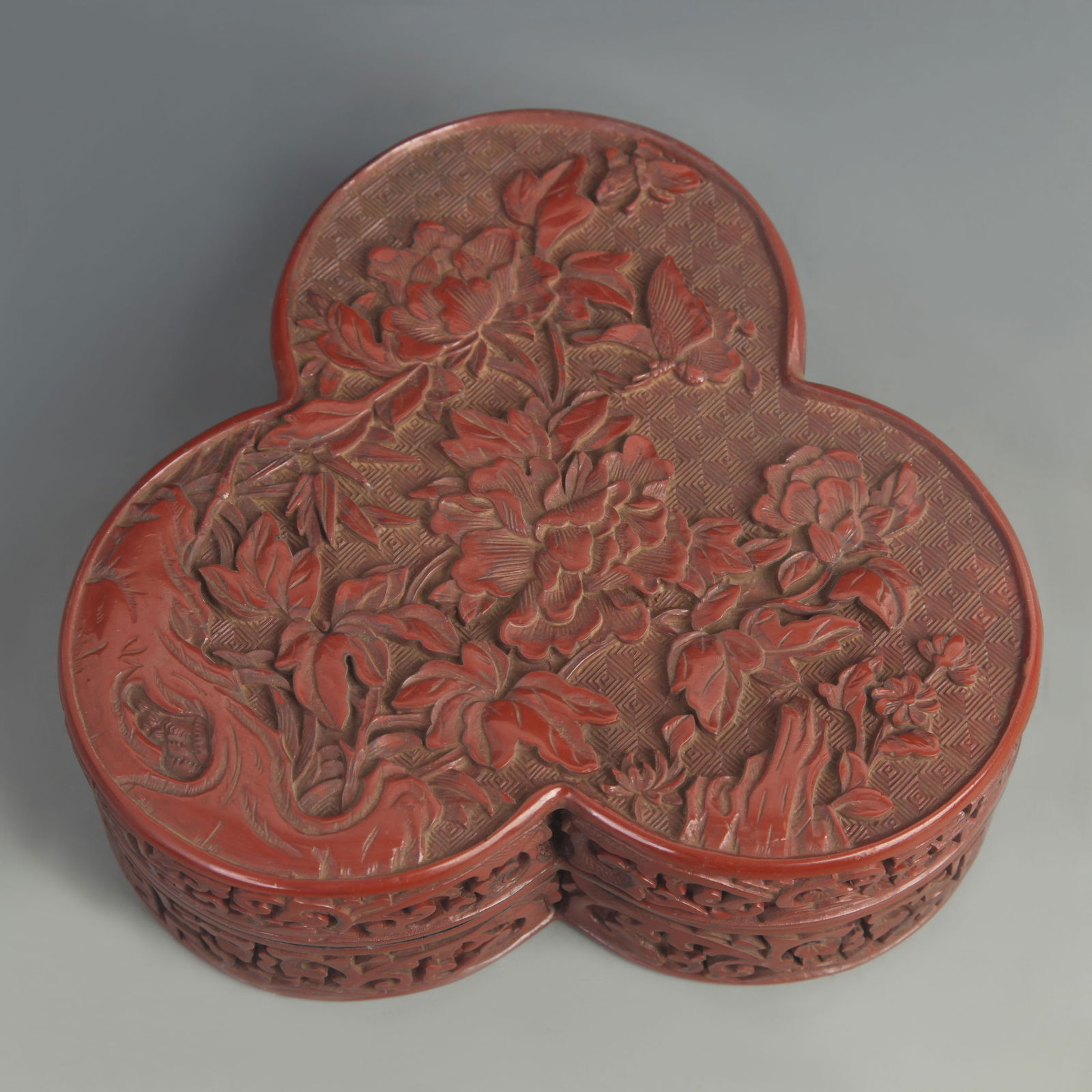 CARVED RED LACQUER "BUTTERFLIES IN LOVE WITH FLOWERS" BOX (1 of 5)