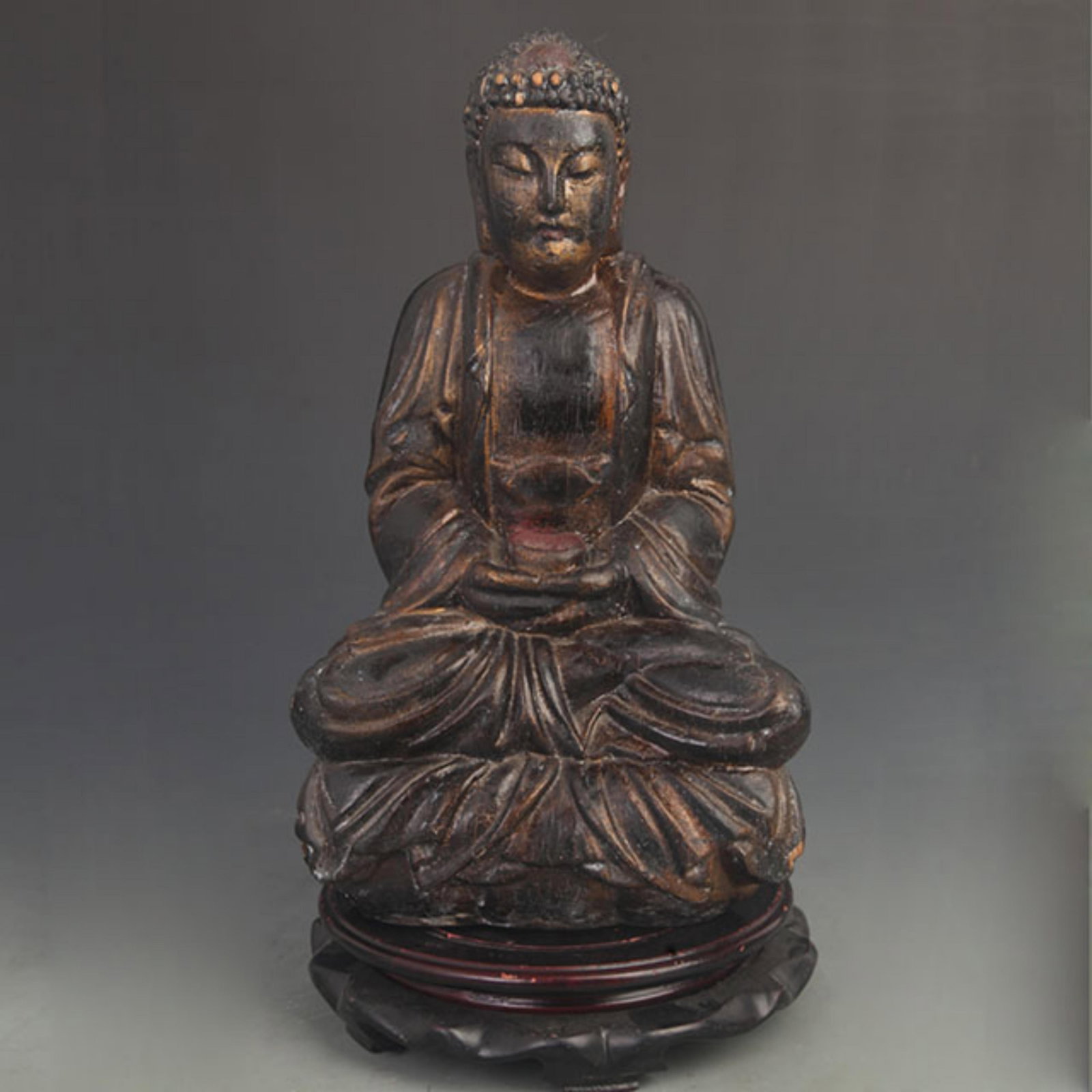 A FINE WOODEN LACQUERED AMITABHA TATHAGATA STATUE: 20th Century; High: 13.5 inch; Width: 7.50 inch;