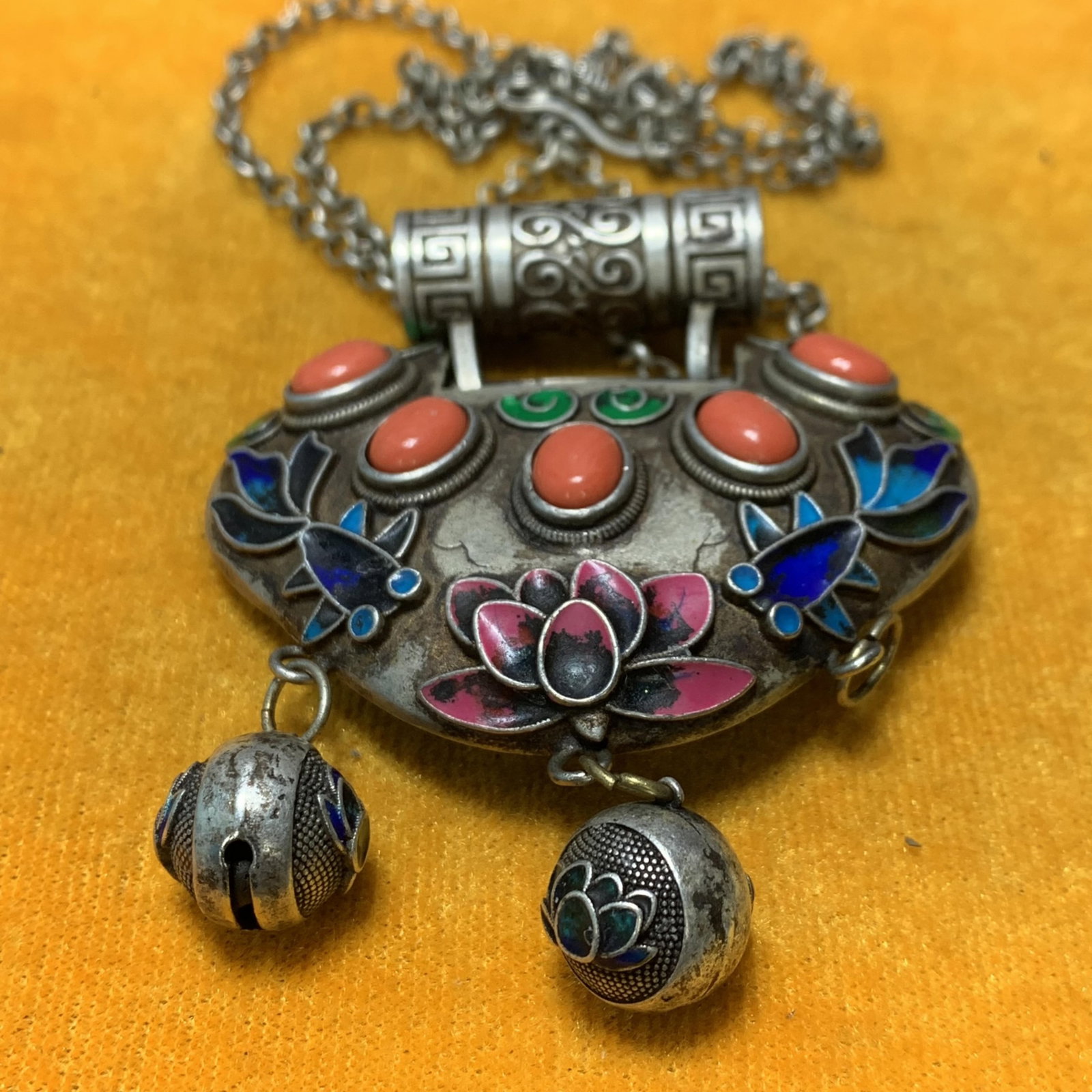 GILDED BRONZE SILVER-PLATED LONGEVITY LOCK WITH CORAL INLAYS: Republic Period; Long: 17 inch; Width: 2.3 inch; High: 0.4 inch;