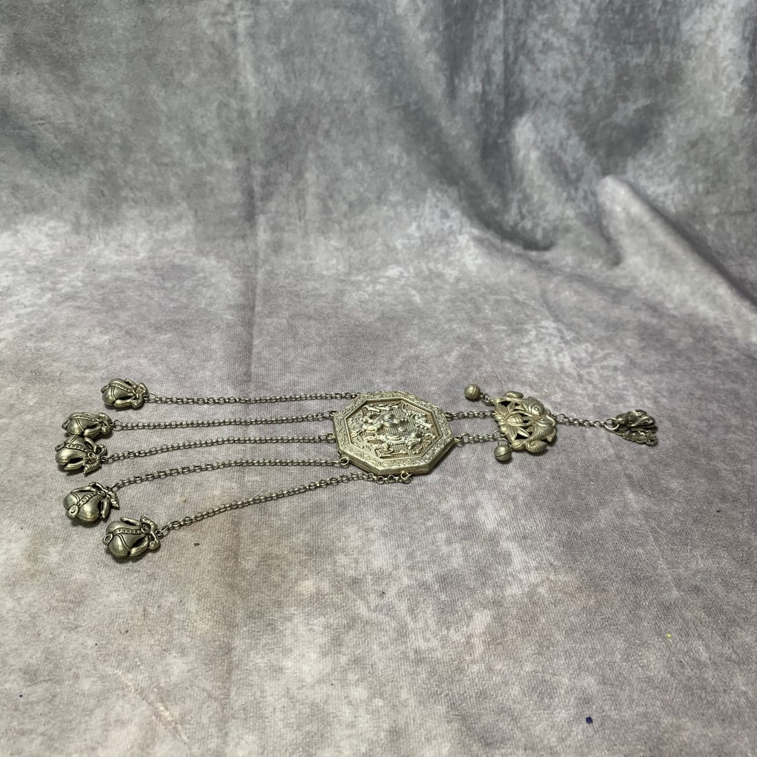 SILVER TWIN FISH AND FIGURE OCTAGONAL LONGEVITY LOCK: Republic Period; Long: 12 inch; Width: 2.7 inch; High: 0.3 inch;