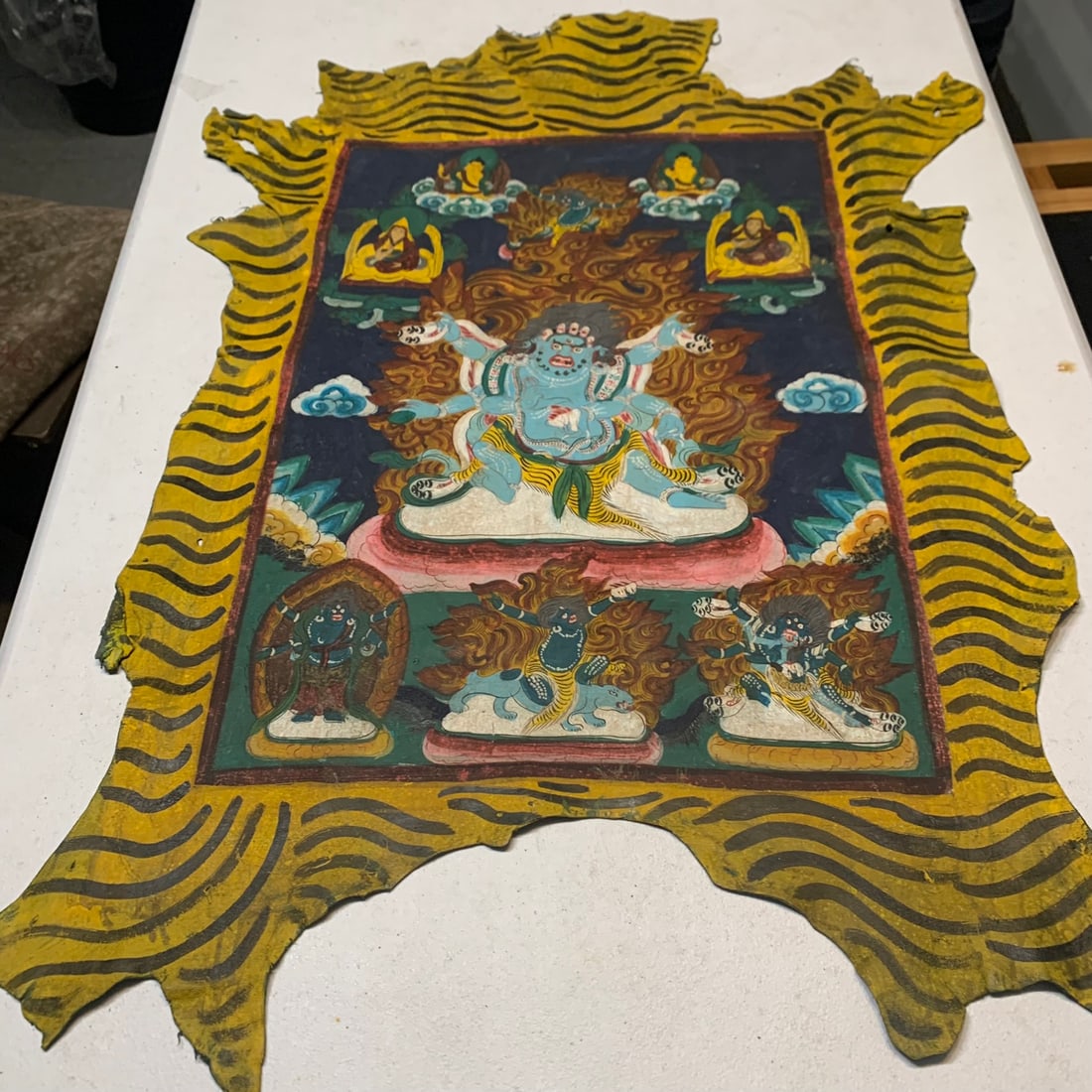 A RARE TIBETAN BUDDHIST SHEEPSKIN THANGKA: Qing Dynasty; Long: 25 inch; Width: 17 inch;