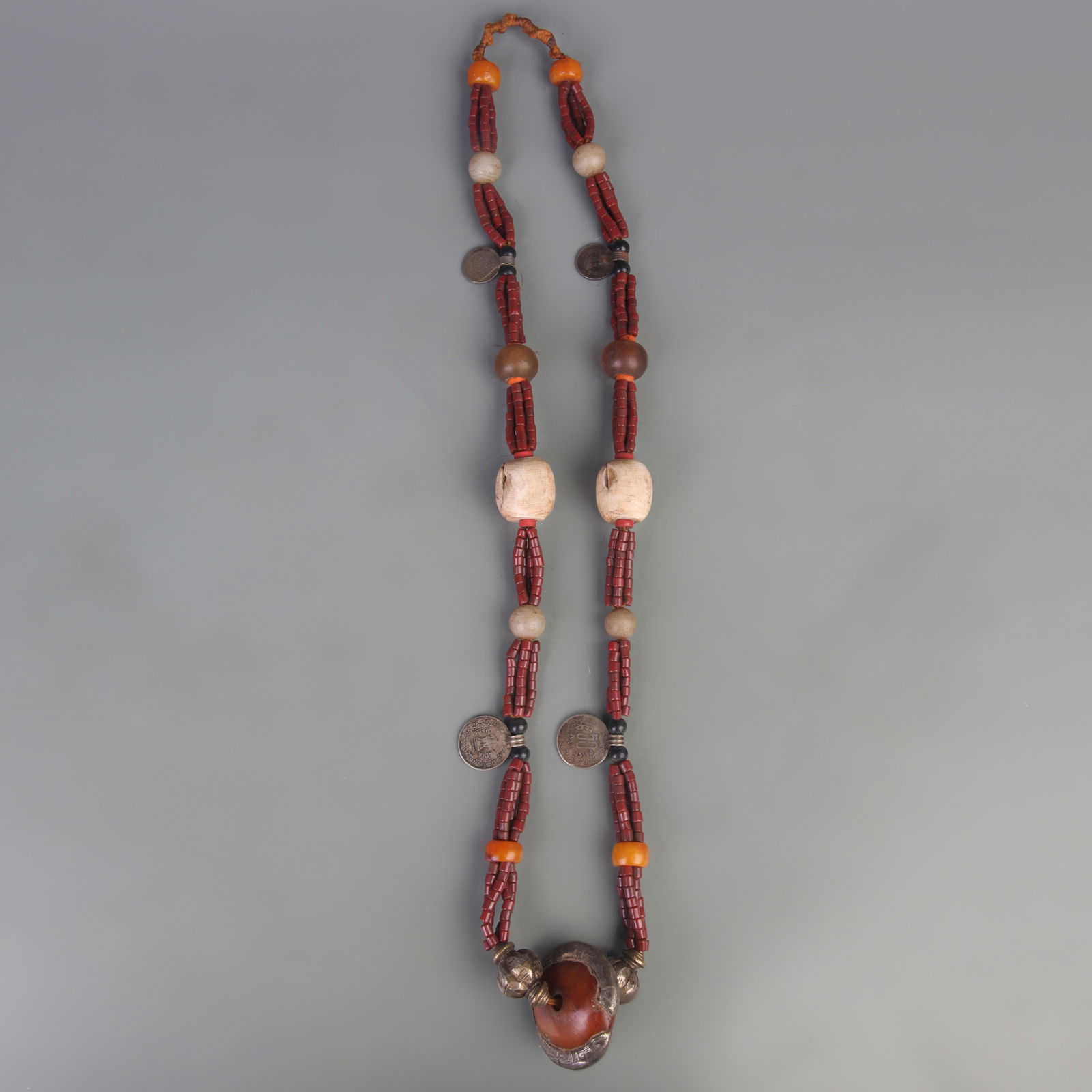 TIBETAN BUDDHIST NECKLACE (AGATE, CLAM SHELL, TIBETAN COINS, ETC.) (1 of 4)