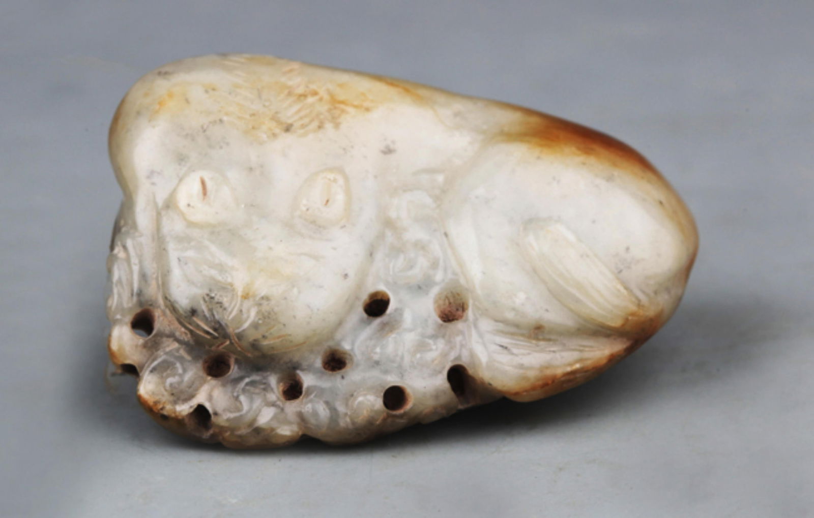 A FINE RUI SHOU FIGURE WHITE JADE PENDANT: 20th Century, Long: 2.25 inch; Width: 1.5 inch;