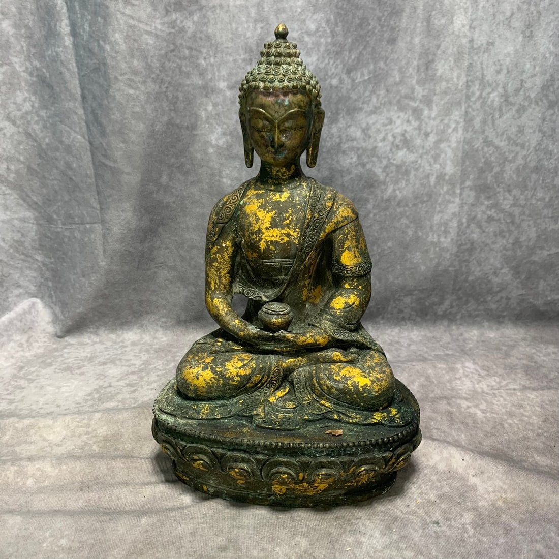 TIBETAN GILT BRONZE MEDICINE BUDDHA STATUE: Qing Dynasty; Long: 7.2 inch; Width: 5 inch; High: 13 inch;