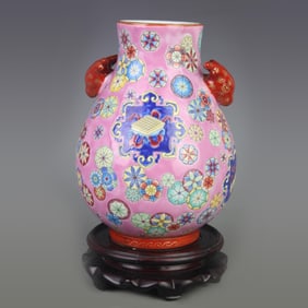 ENAMEL COLOR PAINTED FLORAL PATTERN DEER HEAD PORCELAIN VASE