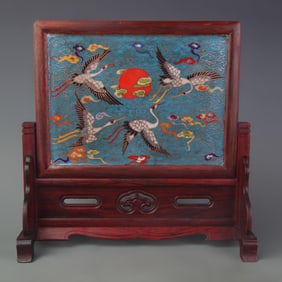 A FINE SANDALWOOD AND CLOISONNE ENAMEL MARBLE-INLAID TABLE SCREEN