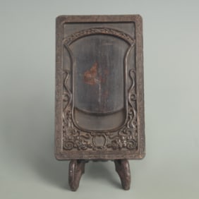 SANDALWOOD-CARVED DOUBLE DRAGON-PATTERN INKSTONE