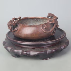 BRONZE CENSER WITH CHILONG DRAGON HANDLES AND ROUND FEET