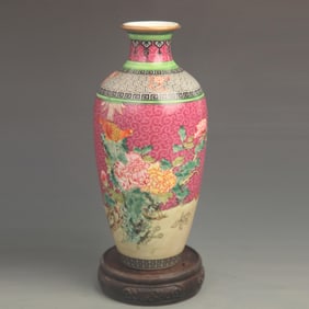 ENAMEL PAINTED PURPLE GROUND FLOWER AND BIRD PORCELAIN VASE