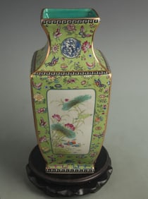 CLOISONNE ENAMEL GREEN GROUND FLORAL PATTERN SQUARE PORCELAIN VASE