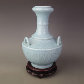 SKY BLUE GLAZE THREE-EARED ZUN STYLE PORCELAIN VESSEL