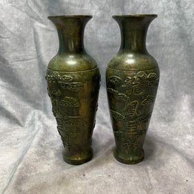 QING DYNASTY BRONZE DRAGON AND PHOENIX PEACE VASE (1 PAIR)