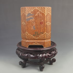 LACQUER GOLD-INLAID FOUR-SIDED BRUSH POT WITH STORY DESIGN
