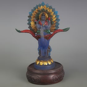 GILDED BLUE GLASS PEACOCK  BUDDHA STATUE