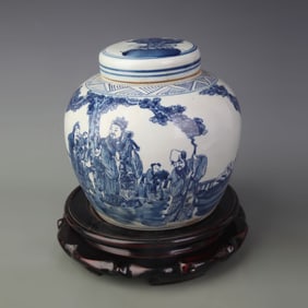 BLUE-AND-WHITE FIGURE-PATTERNED PORCELAIN JAR WITH LID