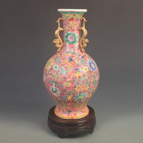 RED GROUND FAMILLE ROSE DRAGON EAR DECORATIVE PORCELAIN VASE