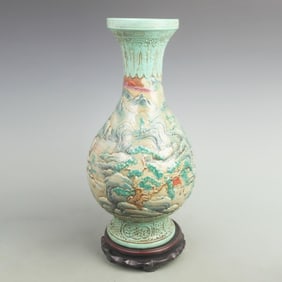 FAMILLE ROSE LANDSCAPING CARVING PORCELAIN VASE