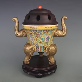 CLOISONNE COLOR PORCELAIN INCENSE BURNER WITH CORAL-TIPPED LID
