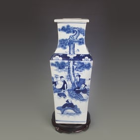 BLUE AND WHITE HUMAN FIGURE FOUR-SIDED PORCELAIN VASE