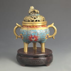 A FINE CLOISONNE ENAMEL LOTUS CARVING INCENSE BURNER
