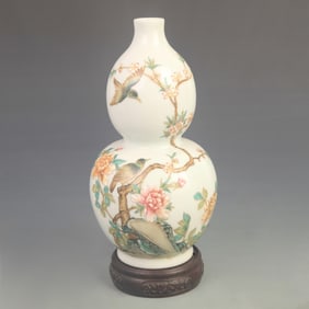 ENAMEL FLORAL AND BIRD PATTERN GOURD STYLE PORCELAIN VASE